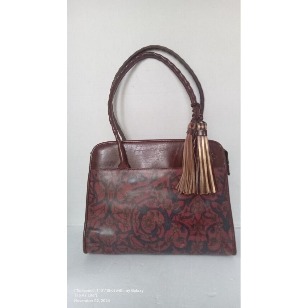 Vintage‎ Tooled Leather Handbag with Tassel Detail Brown Burgundy Floral Pattern